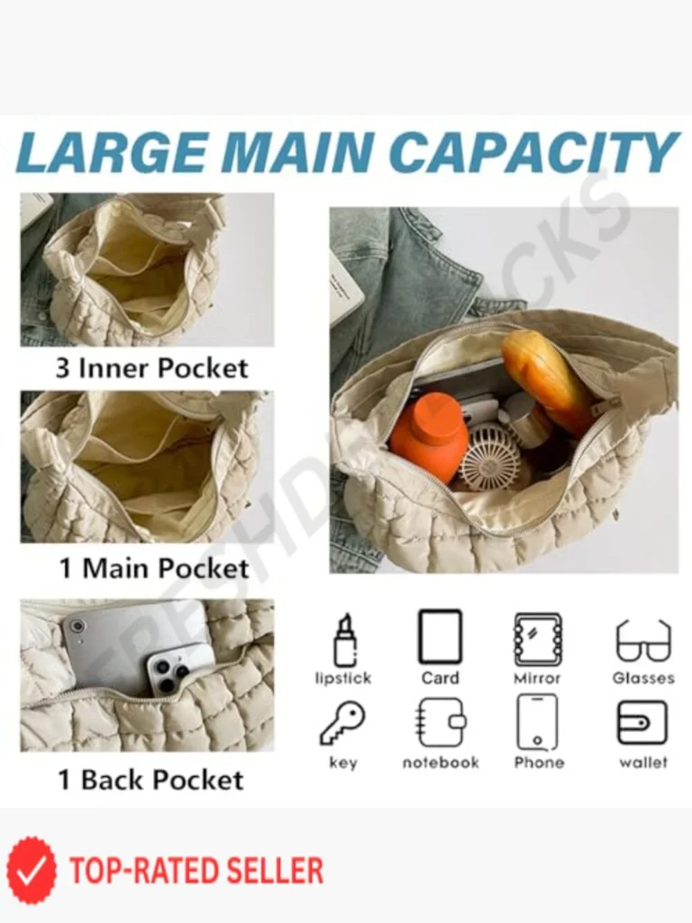 Lightweight Quilted Puffy Crossbody Hobo Bag with Zippered Pockets
